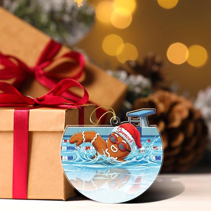 Personalized Swimming Shaped Xmas Ornament 2025, Unique Gingerbread Swimmer Keepsake Ornament Gift for Kids Daughter Son Dad Mom, Customized Year & Name Swimming Pool Lover Christmas Ornaments Decor