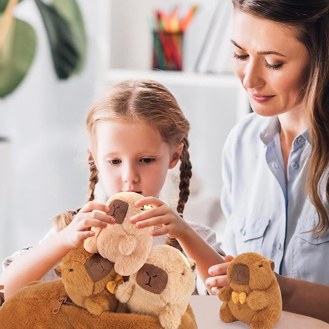 Achwishap 5PCS Capybara Plush,Capybara Stuffed Animal Mommy with 4 Capybara Babies Plush Toy,Cute Plushie Capybara Hugging Pillow Cuddle Plushie for Kids Girls Boys Gifts(Capybara Family,16”,Brown)