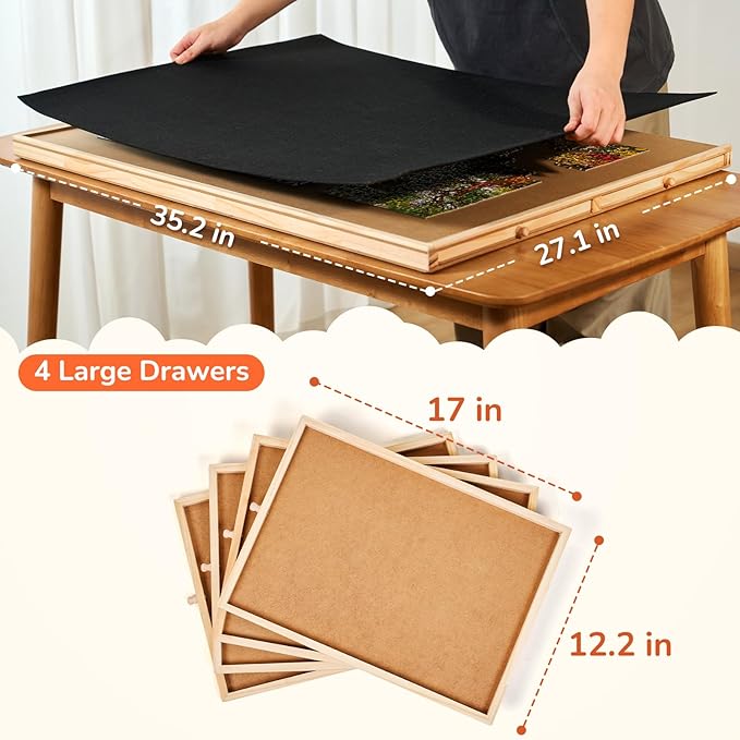 Gamenote 1500 Pieces Rotating Jigsaw Puzzle Table with Cover, Portable Large Puzzle Board with Drawer, Wooden Smooth Plateau Work Surface for Kids Family Game
