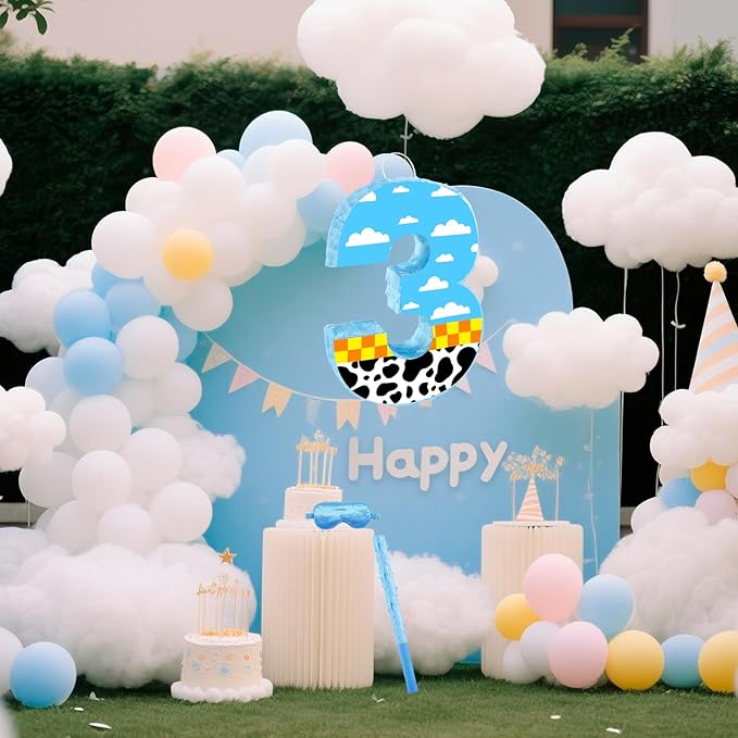 16 Inch Number 3 White Cloud Pinata with 16 Inch Piñata Stick Blindfold Confetti for Boy Girl Kids 3rd Birthday Party Decorations(3rd)