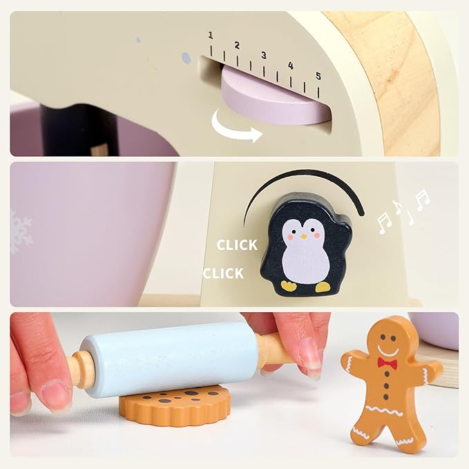 PairPear Wooden Toy Mixer for Kids Kitchen Playset –10 Piece Play Mixer Wooden Play Food Kitchen Cookie Bakery Toys, Kids Mixer Play Kitchen Accessories for Age 3+ Girls and Boys