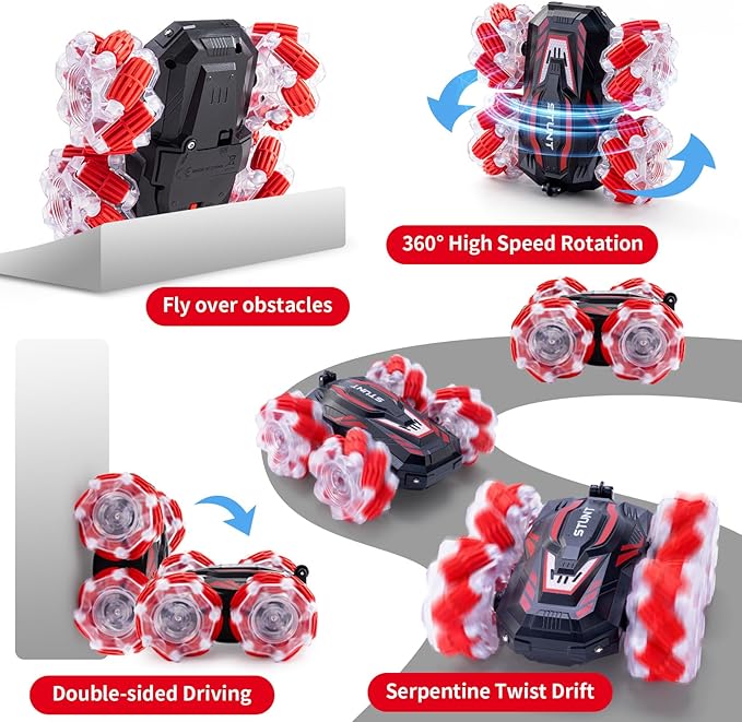 RC Stunt Car, Double-Sided 360° Flips, 4WD 2.4 GHz Gesture Sensing RC Cars with Cool Lights and Music, for Boys Aged 6-12, Great Birthday Presents, Toy Cars (Red)
