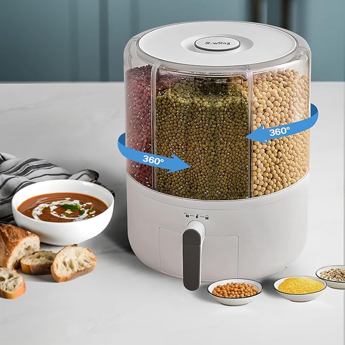 16lb Grain Dispenser 6 Grid Grain Container, 360° Rotating Dry Food Dispenser, Airtight Storage, Upgrade 6 Compartment Rotating Grain Dispenser Storage Container