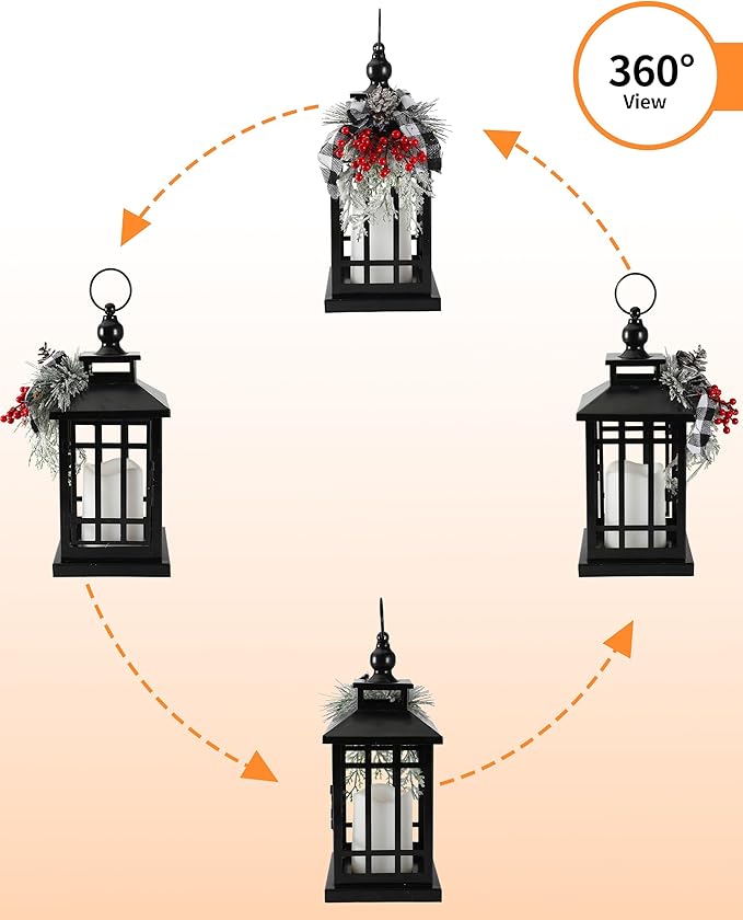 iStatue Metal Black Christmas Lantern with Flameless Candle, 14'' Modern Farmhouse Decor Festive Holiday Rustic Home Gifts for Indoor/Outdoor (Xmas)