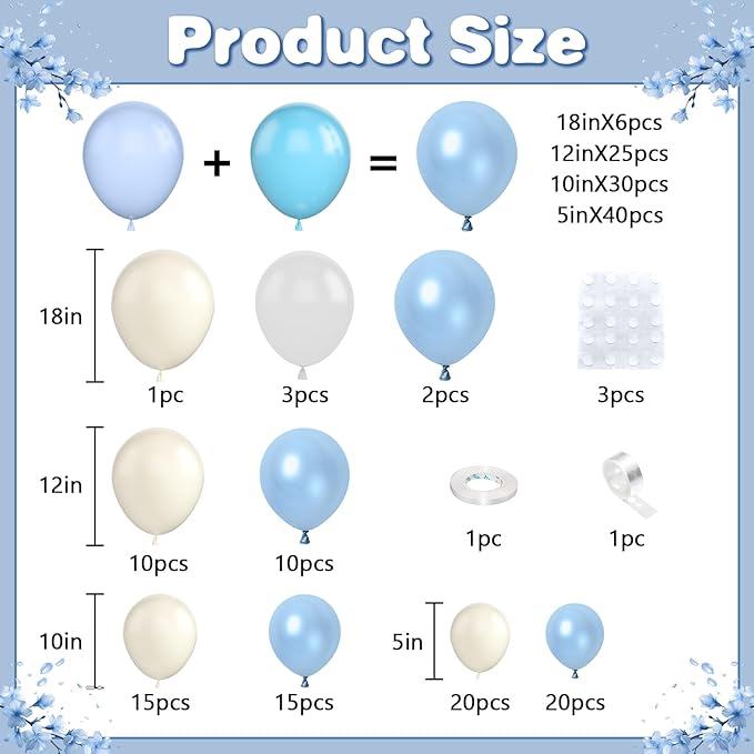 Pearl Blue White Balloon Arch Kit, Double Stuffed Light Blue Sand White Balloon Garland Different Sizes 18/12/10/5 Inch Pearl Balloons for Baby Shower Birthday Wedding Bridal Shower Party Decor