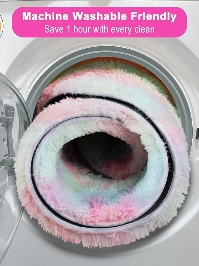 ONASAR Rainbow Round Area Rug 4ft, Soft Bedroom Circle Rugs Mats for Kids Girls Teen Room, Kawaii Fluffy Plush Shaggy Carpet for Baby Nursery Living Room Playroom Home Decor Princess Castle