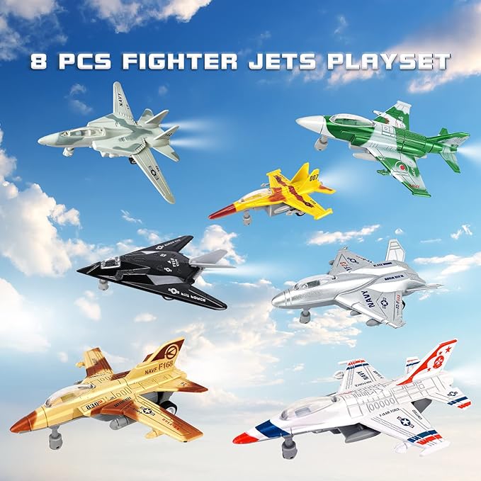 OTONOPI Fighter Jet Toy Model Airplane Playset Aircraft Plane Military Air Force Set Diecast Pull Back Toy Planes F-15 F-16 F-18 Model Birthday Gift for Boys Toddler Kid Girl Age 3+ Party Favor 8 Pack