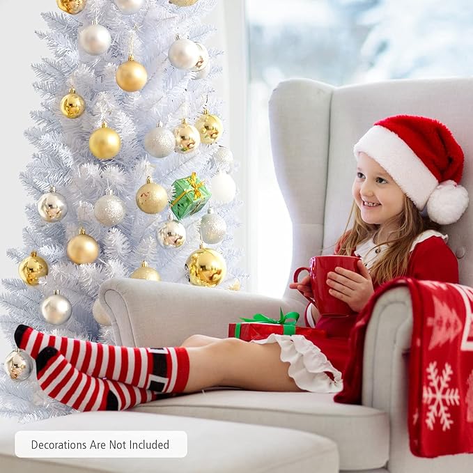 Happygrill 6FT White Pencil Christmas Tree Artificial Slim Christmas Tree Skinny Xmas Tree with Folding Metal Stand & PVC Material, Realistic Unlit Pine Tree with 340 Branch Tips for Indoor Outdoor