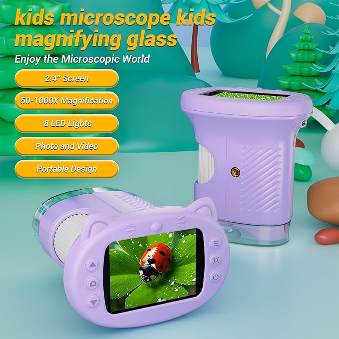 2.4" Screen Pocket Kids Microscope: 1000X Handheld Microscope for Photo and Video - Portable Science Kits STEM Toys – Christmas/Birthday Gifts for Girls & Boys Ages 3-12(Purple)
