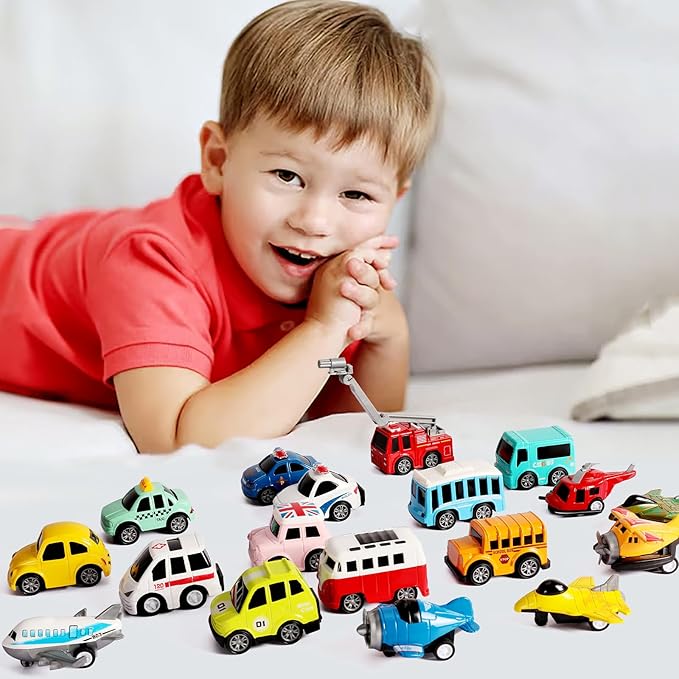 18 Pack Assorted Pull Back Cars and Airplanes Toy Set, Mini Die-cast Metal Friction Powered Vehicles Toy for Kids Boys Girls