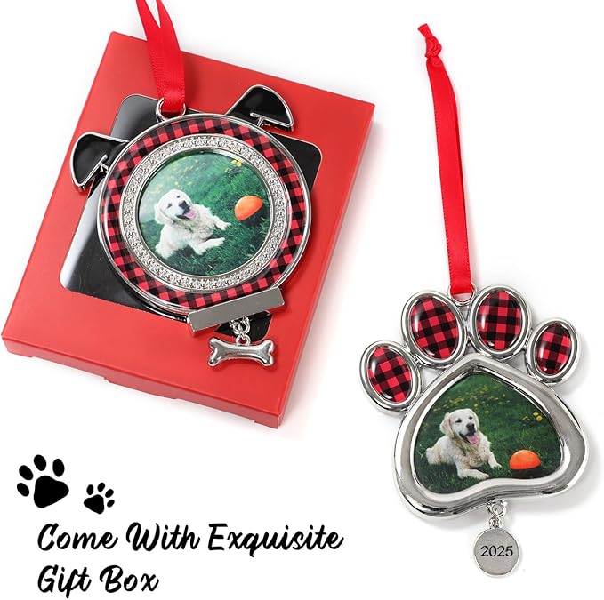 2PCS Dog Christmas Picture Frame Ornaments, 2025 Dogs Paw Photo Frames Xmas Puppy Ornament Home Decoration Keepsake for Pet Memorial Gifts, Animal Lovers Gift, Pets Owner Presents