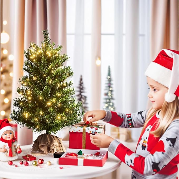 Pre-lit Mini Christmas Tree, 2ft Christmas Tree with 50 Led Warm Lights, Artificial Christmas Tree with 72 Branch Tips, Battery Operated Small Xmas Tree for Table Desk Best Holiday Home Decorations