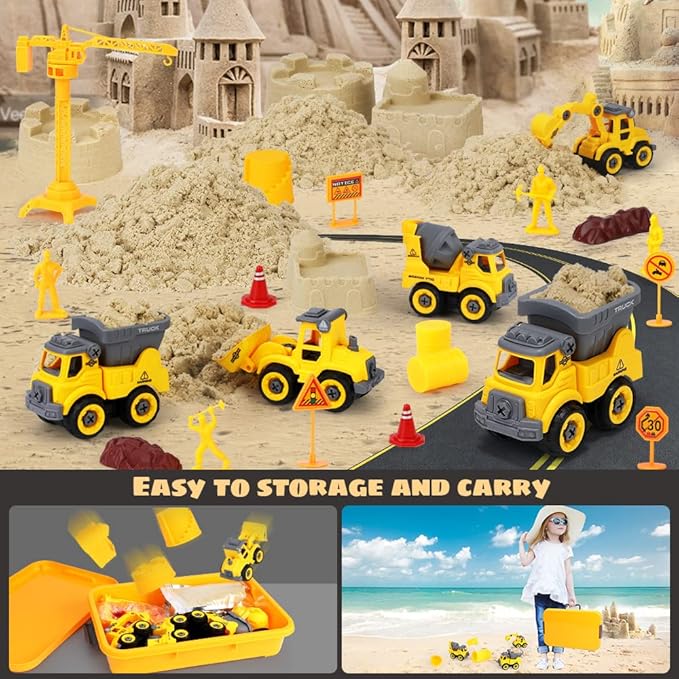 OENUX Play Sand Construction Set, Beach Building Castle Kit w/ 2.2lbs Play Sand, 4 Take Apart Construction Trucks Toys and Signs, Sensory Sandbox with Cover for Boy Girl Kid Toddlers Age 3-8