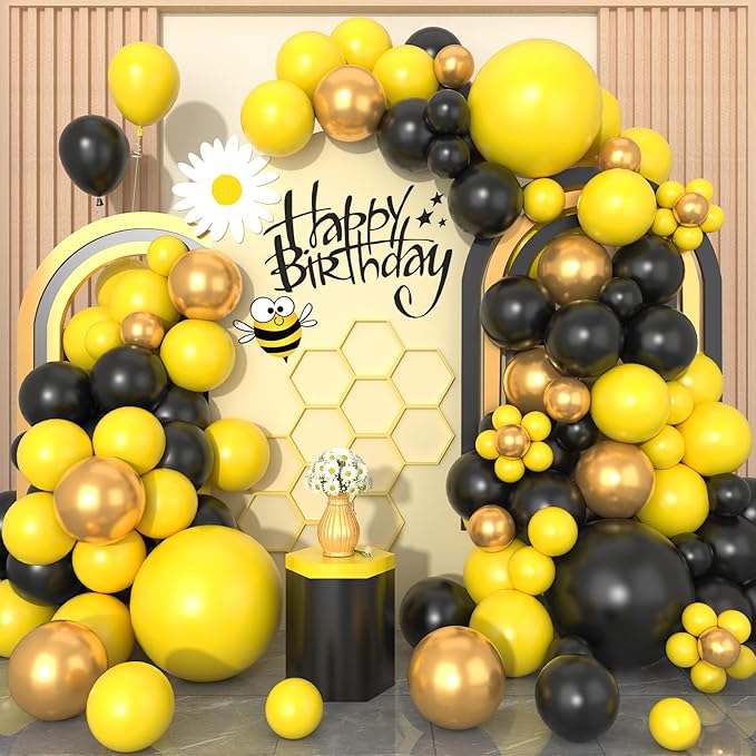Paready Black and Yellow Balloon Arch Kit, 113Pcs Yellow Black Balloon Garland Kit Gold Party Balloons Metallic Gold Latex Balloons for Birthday Bee Theme Party Baby Shower Wedding