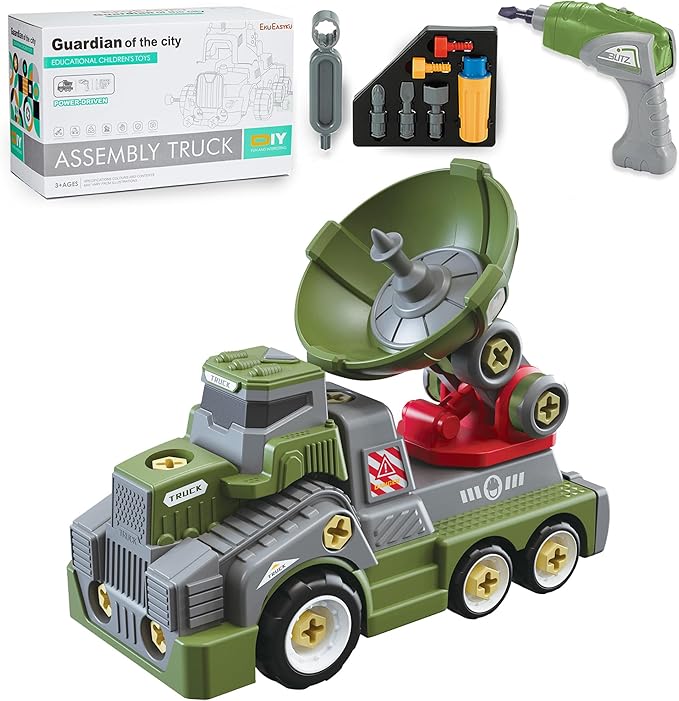 11inches Large Take Apart Trucks Army Toys for Boys Girls Kids 3-10 Year Old Radar Trucks Toys with Electric Drill Assembly Toy