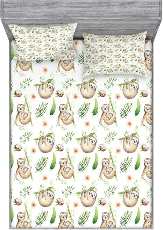 Ambesonne Sloth Fitted Sheet & Pillow Sham Set, Sloth and Mother Soft Colored Flowers Coconut Tree Leaves Happy Family, Decorative Printed 2 Piece Bedding Decor Set, Full, Pale Brown Green