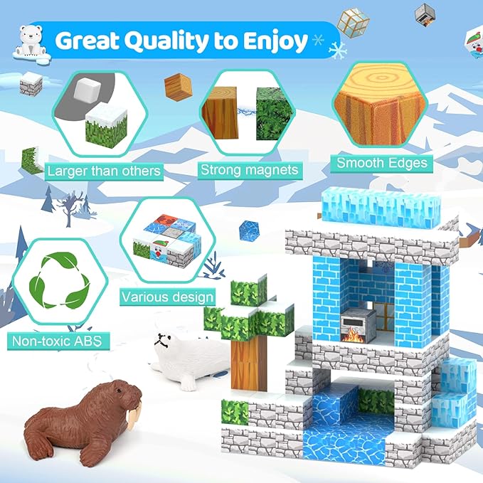 Magnetic Blocks 110PCS with 6 Animal Toys, Snow World Building Blocks Set, Boys & Girls Age 4-6,5-7,6-8, Stacking Building for Toddlers & Kids 3+