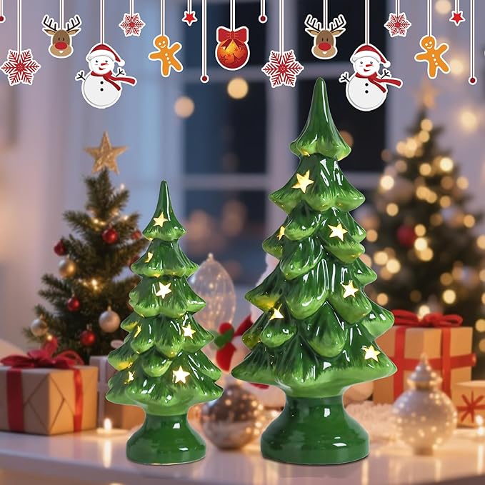 Taman Ceramic Christmas Tree, 2 Pack Tabletop Light Up Decoration with Warm Lights for Christmas Holiday Indoor Decorations