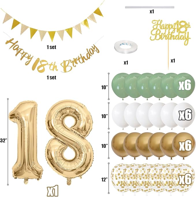 18th Birthday Decorations - Happy 18th Banner, Cake Topper, Foil Balloons in Sage Green, White, Gold for 18 Year Old Party