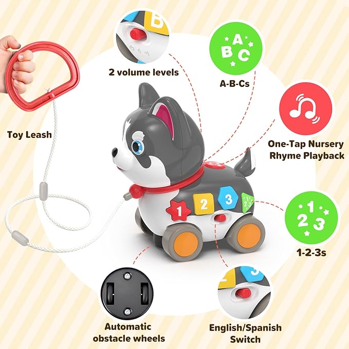 Toddler Toys for 6-12-18 Month, 3-in-1 Musical Puppy Toy, Crawling & Walking Toys for 1 Year Old Boy Girl Gifts, Bilingual Learning Educational for 7 8 9 10 Months Developmental Toy