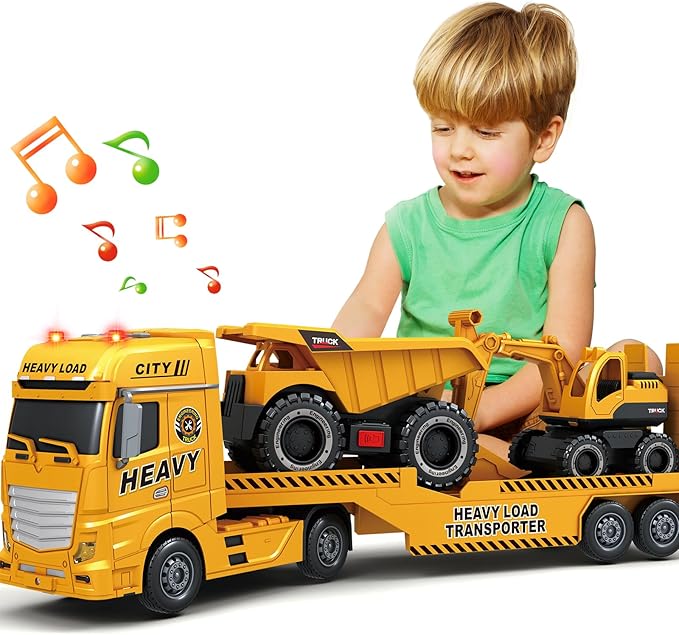 Toddler Boy Toys for 3 4 5 6 7 Years Kids, 25" Semi Construction Carrier Truck Toy with Excavator and Dump Truck, Friction Powered Toys with Lights and Sounds, Birthday for Boy Girls