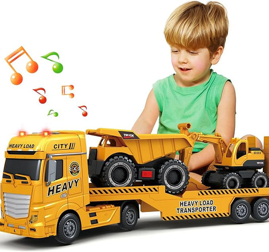 Toddler Boy Toys for 3 4 5 6 7 Years Kids, 25" Semi Construction Carrier Truck Toy with Excavator and Dump Truck, Friction Powered Toys with Lights and Sounds, Birthday for Boy Girls