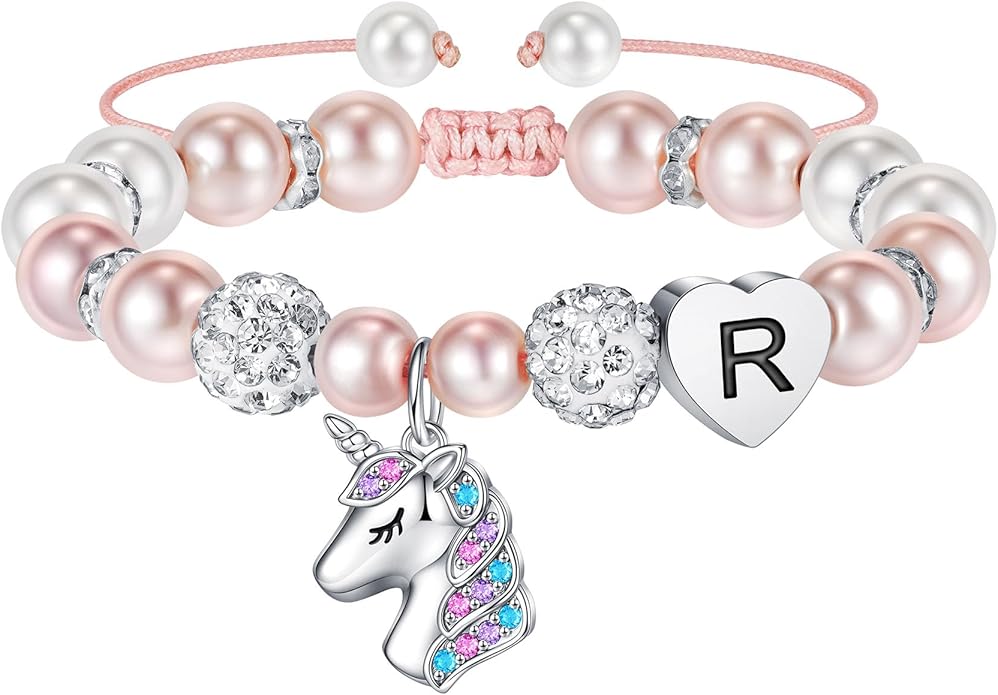 Hidepoo Christmas Gifts for Grandkids Girls - CZ Initial Unicorn Bracelet Adjustable Pink Pearl and Rhinestone Balls Heart Initial Unicorn Bracelets Jewelry Birthday Gifts for Girls Stocking Stuffers