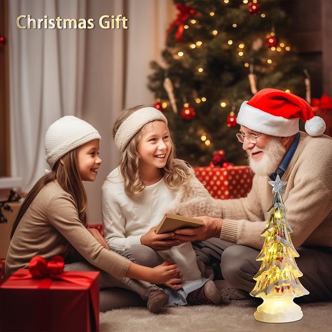 Acrylic Christmas Tree Table Decor, 11" Lighted up Christmas Tree Figurine, Battery Operated Home Decorations Gift for Indoor Holiday Party Mantel Fireplace Centerpiece Decor