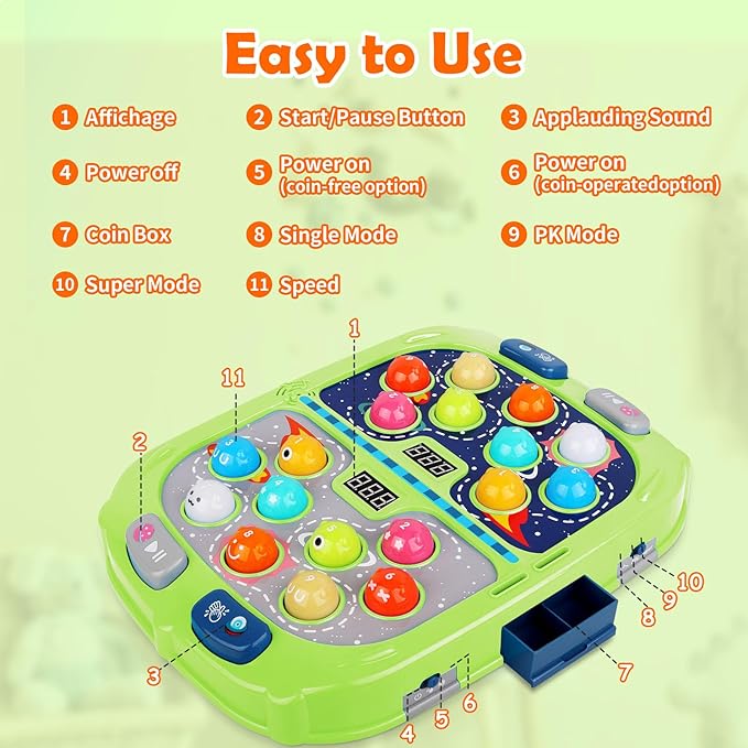 WAYKEE Whack a Mole Game, Toys for Ages 3-4 5-7 8-12 Boys Girls, Whack Game for Toddlers, Gifts for 3 4 5 6+ Year Old Boys Girls, Early Learning Educational Toys with 2 Hammers Sound & Light