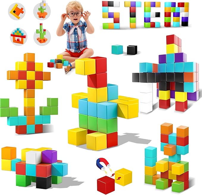 Magnetic Blocks 64PCS - Colorful Cube Construction Set, STEM Preschool kit, Safe ABS no-Odor, CPC ASTM Compliant, Travel-Ready, Ages 3–12, Perfect for Birthday