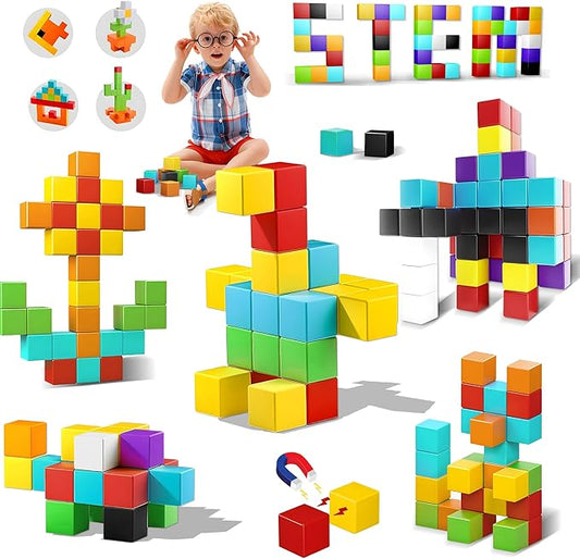 Magnetic Blocks 64PCS - Colorful Cube Construction Set, STEM Preschool kit, Safe ABS no-Odor, CPC ASTM Compliant, Travel-Ready, Ages 3–12, Perfect for Birthday