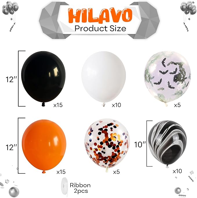 Orange and Black Halloween Balloons Set, 60Pcs 12 Inch Orange Black Marble White Latex Balloons with Bats Orange Black Confetti Helium Balloon for Happy Halloween Birthday Party Wedding Decorations