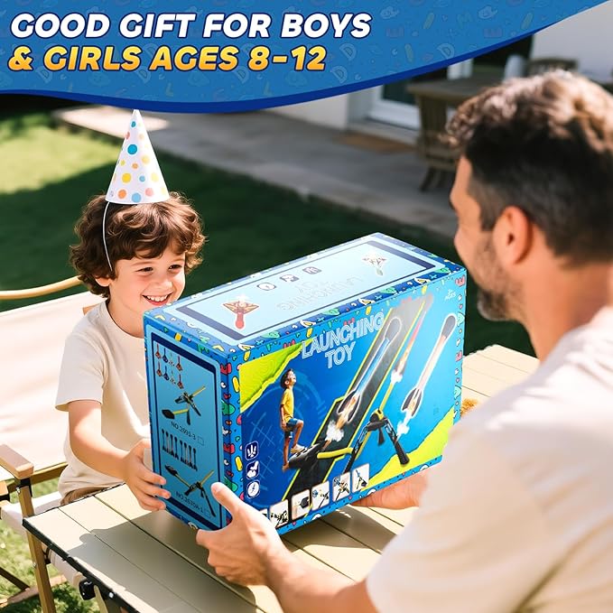 Rockets for Kids Age 4-8 with 8 LED Rockets and 2 Launcher - Outdoor Toys for 4 5 6 7 8-12 Year Old Boy Birthday Gift, Air Powered Flying Toy Shooting Up to 100 Feet, Toys for Kids Ages 8-12
