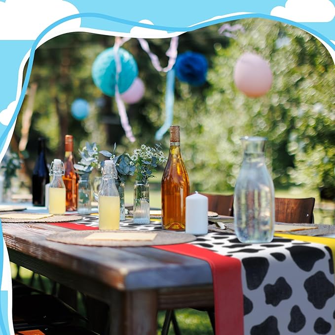 2 Pcs Cartoon Table Runner Cartoon Birthday Party Supplies Cow Pattern Printed Check Table Decor Tablecloth Party Supplies,13 x 72 in (Fresh)