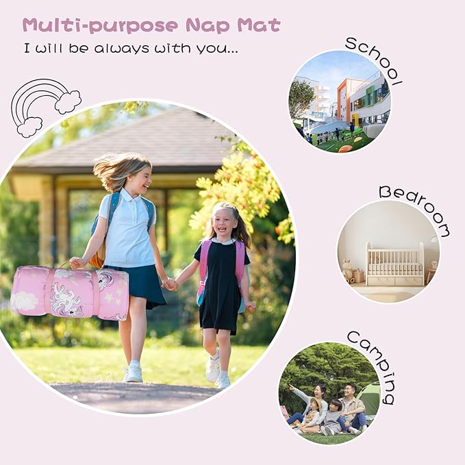 Toddlers Nap Mat with Removable Pillow and Soft Blanket, Lightweight Daycare Preschool Kindergarten Sleeping Bag, Travel Slumber for Kids Girls Boys