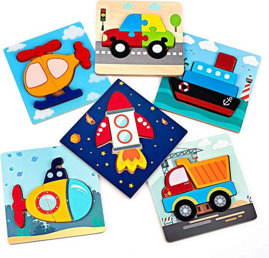 SYNARRY Wooden Vehicle Puzzles for 3 4 5 Years Old Boys Girls, Puzzles for Toddlers 3-5, Montessori Educational Toys Gifts with 6 Vehicles Transportation, Vibrant Color Shapes
