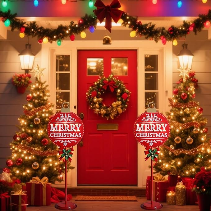 Merry Christmas Sign with LED Light Battery Operated with Timer Christmas Signs with Base Xmas Holiday Decorations Patio Lawn Yard Outdoor Display Decor Round