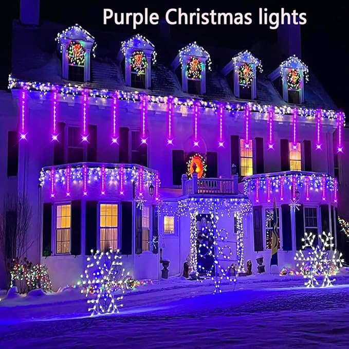Aokudoni Christmas Decorations Outdoor, Upgraded 12inch/30cm Meteor Shower Rain Lights, Purple Icicle String Lights for Xmas Tree Decoration Holiday New Year Party, UL Plug