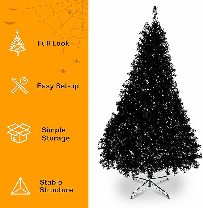 Bonnlo Upgraded Full 6ft Artificial Black Halloween Christmas Tree Holiday Decoration w/ 1,600 Branch Tips, Sturdy Metal Stand