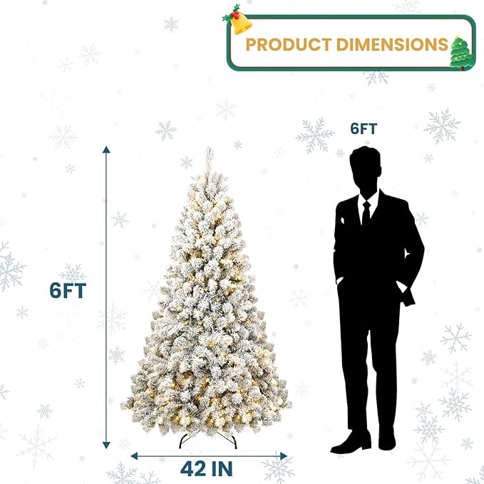 Kadunmina 6ft Pre-lit Artificial Christmas Tree, Hinged Snow Flocked Xmas Trees with 300 Incandescent Warm White Lights, 779 Branch Tips and Metal Stand for Home, Office, Holiday Decor,Green & White