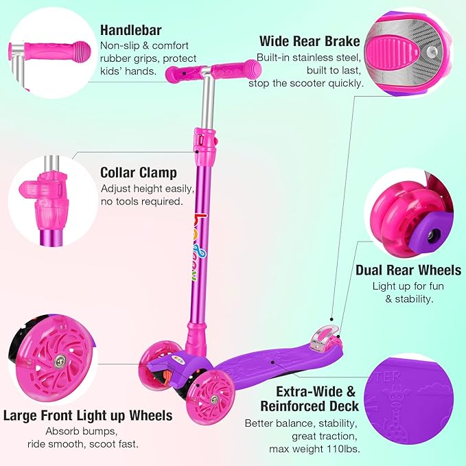 BELEEV A2 Scooters for Kids 3 Wheel Kick Scooter for Toddlers Girls Boys, 4 Adjustable Height, Lean to Steer, Light up Wheels, Extra-Wide Board, Easy to Assemble for Children Gift Sport Toys Ages 3-12