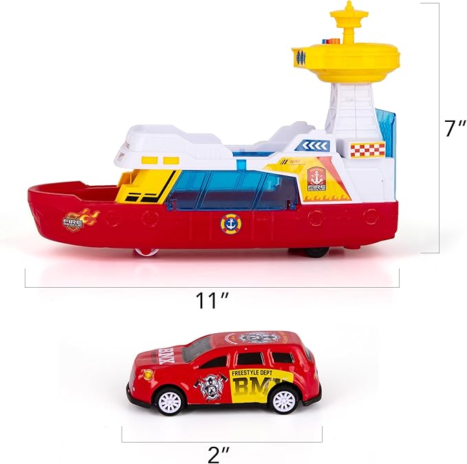 ArtCreativity Light Up Boat Toy with Sounds - Colorful Fire Dept Model Ship with Wheels & 3 Alloy Metal Cars - Kids Ferry Boat for Imaginative Play - Kids Birthday Gift Party Favor