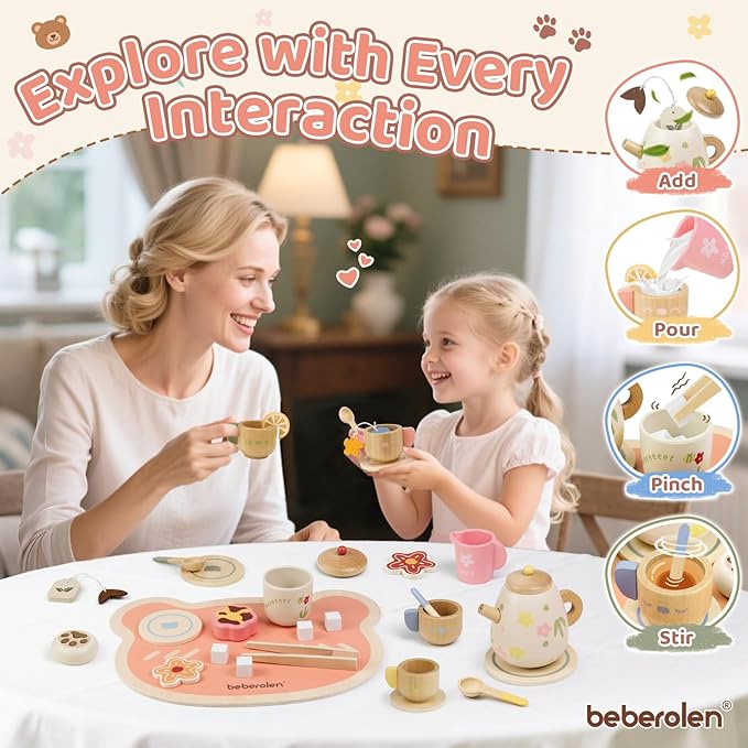 Tea Party Set for Toddlers 3-5 Girls Boy Birthday Gift Pretend Play Food Wooden Picnic Outdoor Toys Kids Age 2 3 4 5 6 Educational Wood Toy