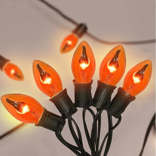 25Ft Orange Halloween Lights Outdoor, C7 Halloween Decorations Lights with 27 Orange Flicker Flame Bulbs, Vintage Christmas Flickering Light for Patio Garden Party Christmas Tree Decor-Black Wire