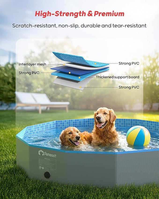 Peteast Foldable Dog Pool with Sturdy Round Design, Extra Large Portable Pet Bathtub, Durable 64" Diameter Portable Design for Backyard & Indoor Use (Includes 2 Flying Disks)