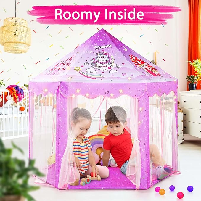 Monobeach Princess Tent Girls Unicorn Large Playhouse Kids Castle Play Tent with Star Lights Gift Toy for Children Indoor and Outdoor Games, 55'' x 53'' (DxH)