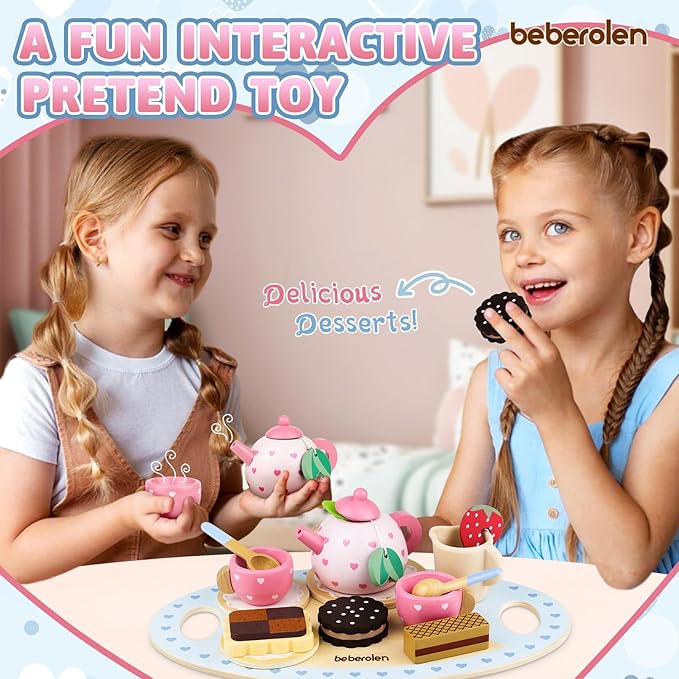 Wooden Tea Set for Little Girls Birthday Gift 3-4 Year Old Princess Toys Play Food Sets for Kids Kitchen Accessories Toddlers 3-5 Outdoor Party Pretend Food Dessert Cookies Wood Toy