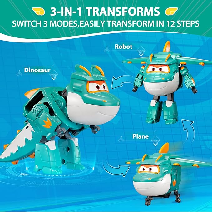 Super Wings Transformable Toys, 5 in Jett and Tino Dinosaur Airplane Transforming Figures Toys Set, 2 in 1 Mode Rescue Bots Toys for 3-5 Year Old Boys Girls, Plane Toys for Toddlers Kids Age 3 4 5 6