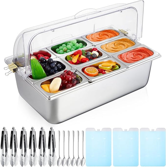 Tessco for you 16 Pcs Countertop Chilled Condiment Container Set with Lid, Stainless Steel Salad Cold Ice Food Spice Serving Display Caddy for Buffet Restaurant Kitchen Party(9 Compartments)