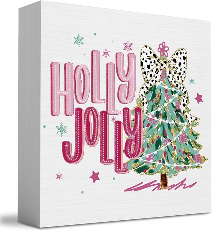 Pink Merry Christmas Wall House Decor Holly Jolly Christmas Tree Coquette Sign, Office Home Decor for Desk Table Shelf 5 X 5 inch